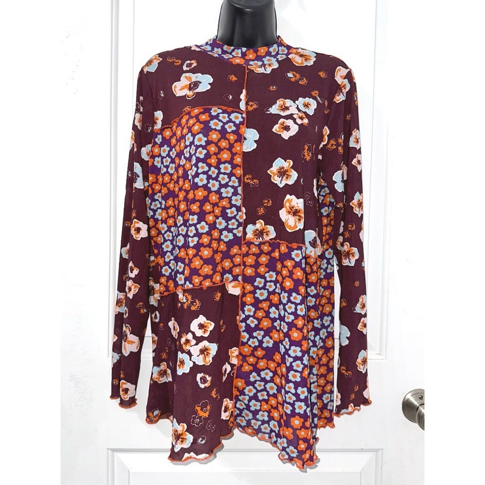 LOGO Layers by Lori Goldstein Red Parchwork Printed Sheer Mesh Long Sleeve Top
